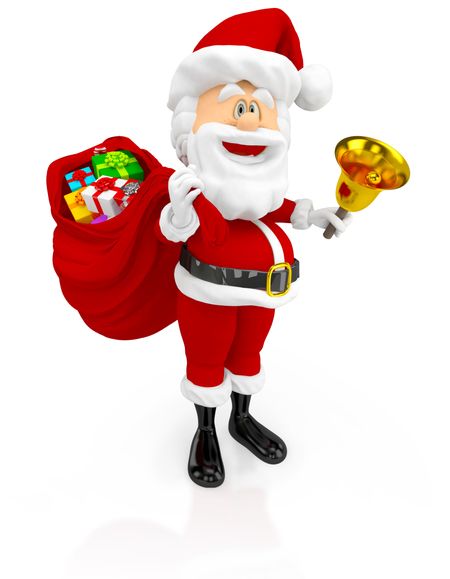 3D Happy Santa Claus with a gift sack - isolated over a white background