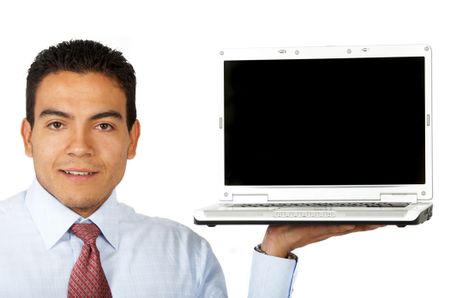 business man displaying a laptop - isolated over a white background