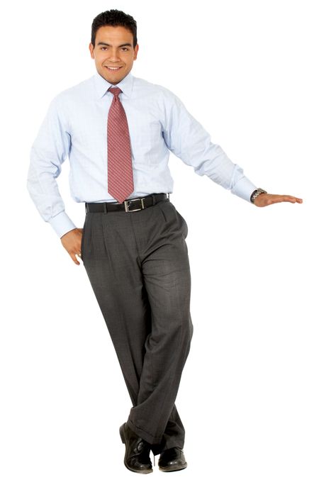 Business man with hand on something imaginary - isolated over a white background