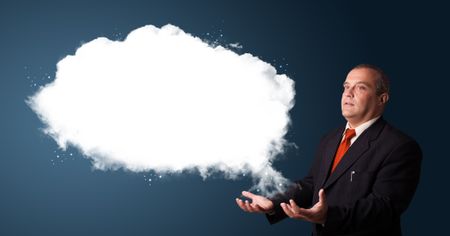 businessman in suit presenting abstract cloud copy space