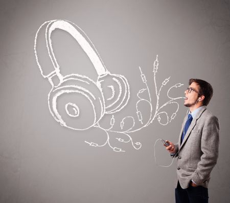 attractive man singing and listening to music with abstract headphone getting out of his mouth