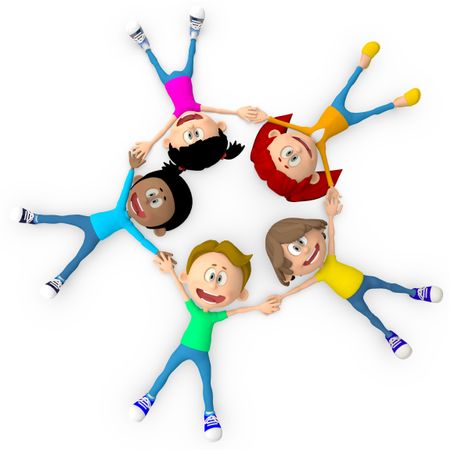 3D Kids lying on the floor in a circle - isolated over white