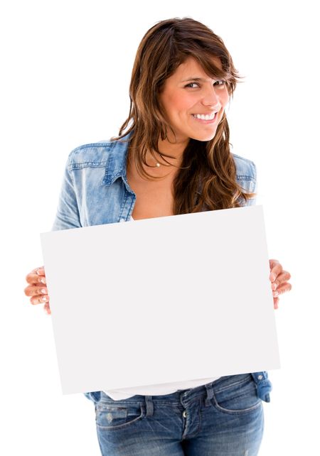 Happy woman holding an banner ad - isolated over a white background