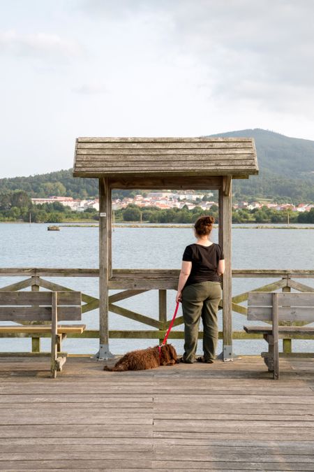 Woman on Riverside Pier Walk in Galicia, Spain with Brown Spanish Water Dog Puppy