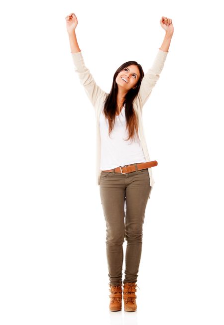 Successful woman celebrating with arms up - isolated over white