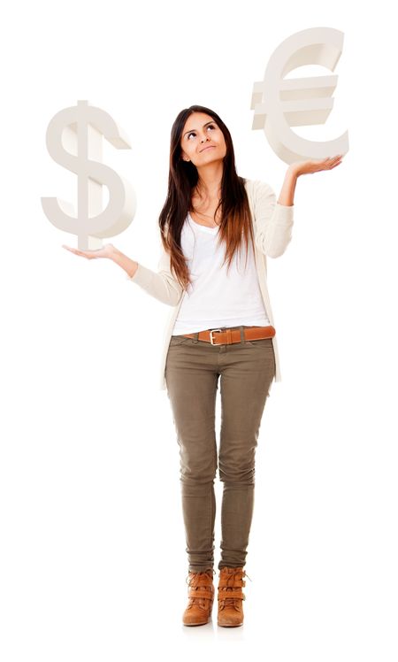 Woman comparing dollar vs euro - isolated over a white background