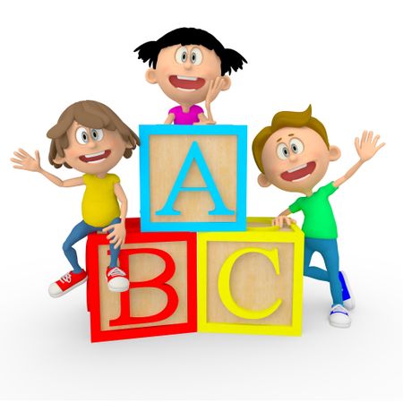3D kids with ABC cubes looking happy - isolated over white