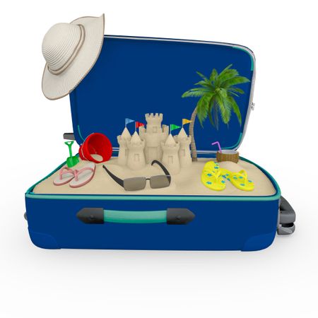 3D travel bag packed for the summer - isolated over white