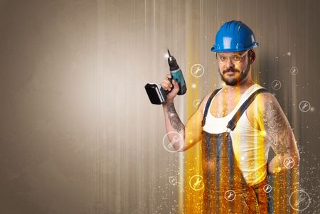 Manual worker with wrench symbols and tool.