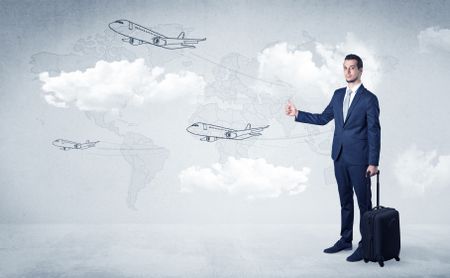 Businessman hitchhiking with flying airplanes cloud and map concept