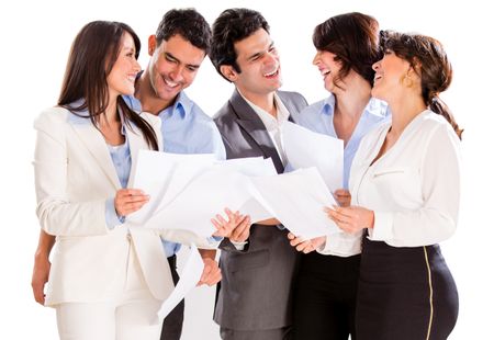 Group of executives smiling and talking about some documents - Isolated over white