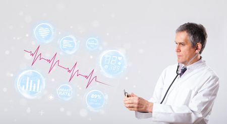 Clinical doctor examinating modern heartbeat graphics