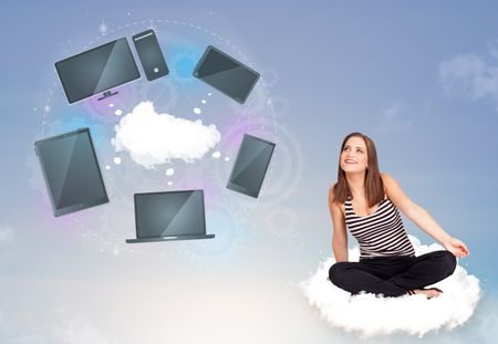 Pretty young girl sitting on cloud enjoying cloud network service
