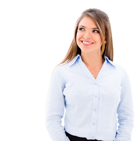 Thughtful business woman smiling - isolated over a white