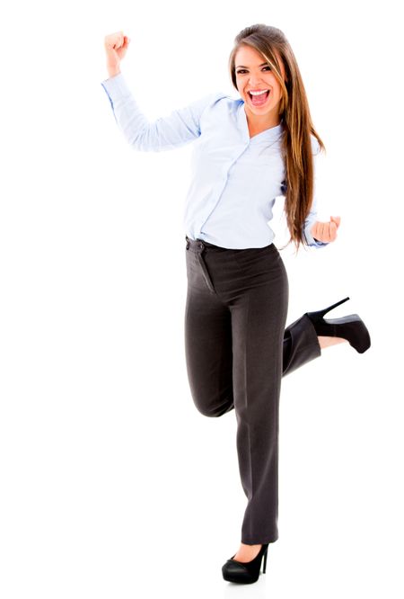 Successful business woman celebrating - isolated over a white background