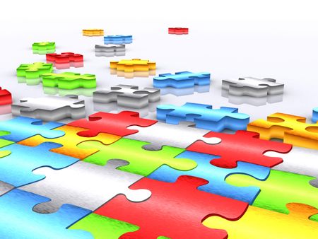 colourful unfinished puzzle over white - 3d render