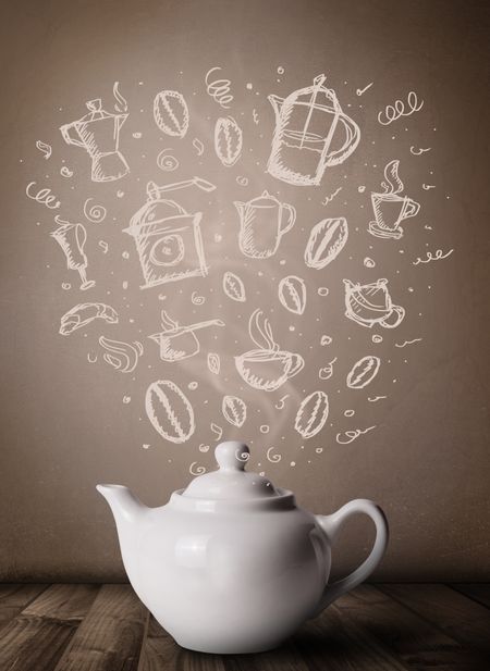 Tea pot with hand drawn kitchen accessories, close up