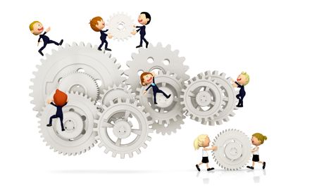 3D kids working as a team assembling cogwheels - isolated over white