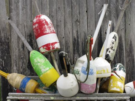 Collection of lobster trap buoys in Cape Cod, Massachusetts