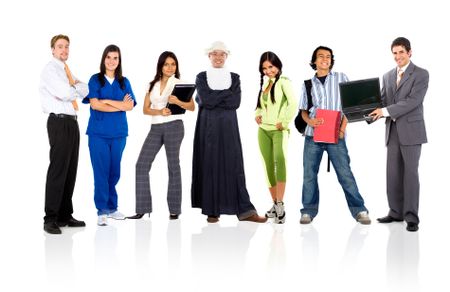 group of people in different occupations and professions standing isolated over a white background