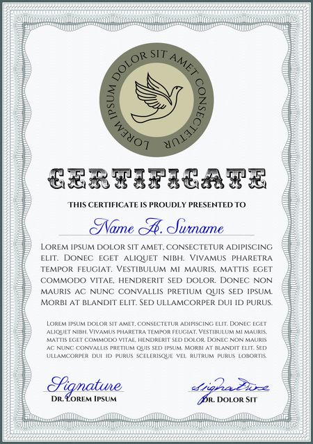 Vertical certificate or diploma template with background and sample text.