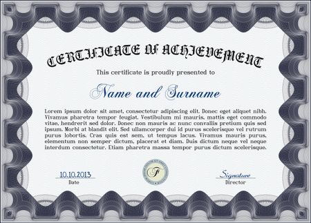 Blue certificate, diploma or coupon template with very complex design.