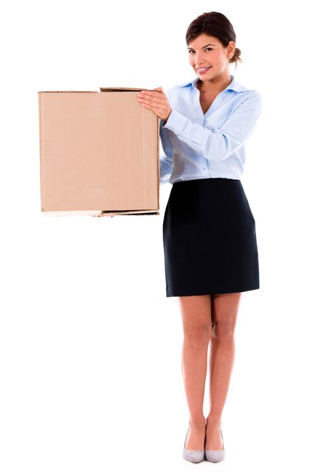 Business woman moving and a carrying cardboard box Ã?Â¢?? isolated