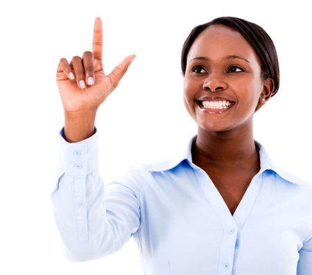 Business woman touching an imaginary screen - isolated over a white background