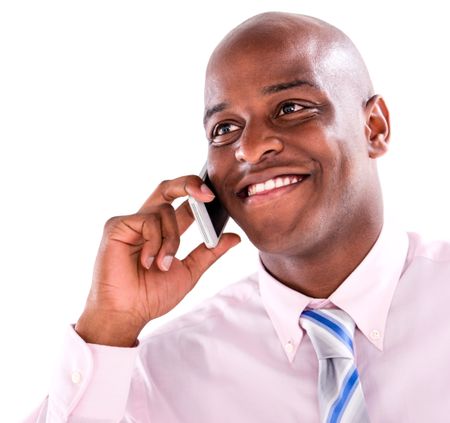 Business man talking on the phone - isolated over white background