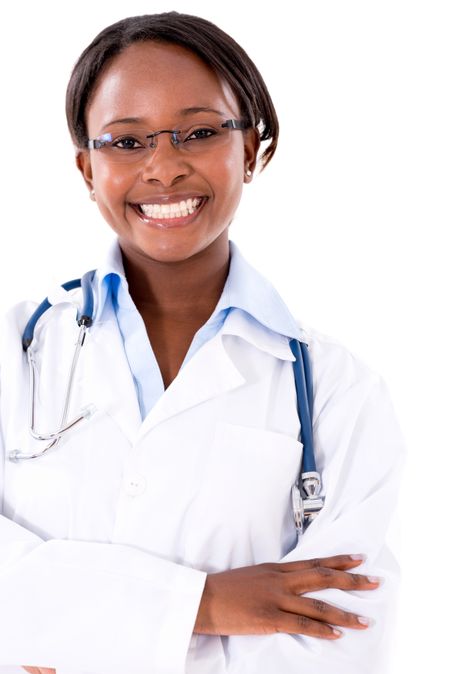 Black female doctor smiling - isolated over a white background