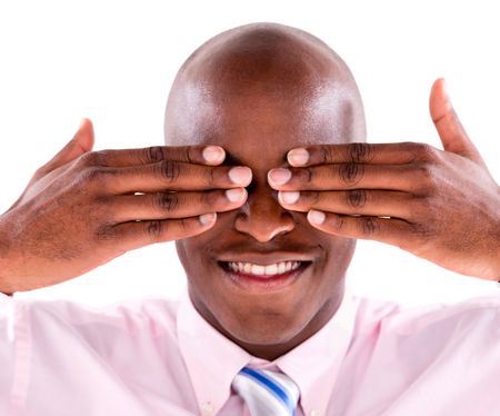 Blinded business man covering his eyes - isolated over white background