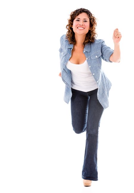Casual woman running - isolated over a white background 