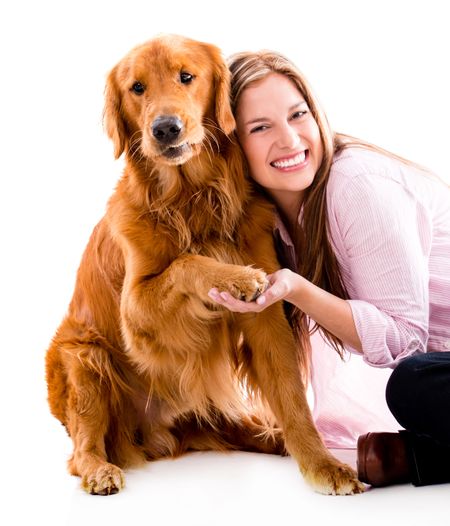 Happy woman with a cute dog - isolated over white background
