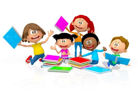 3D school kids looking very happy  - isolated over white background 