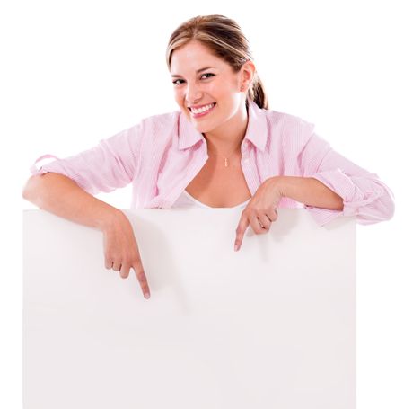 Happy woman pointing a banner ad - isolated over white 