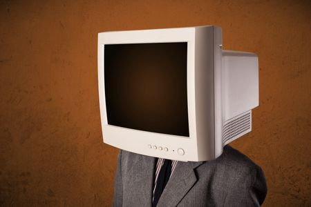 Business man with a monitor on his head concept and brown empty space