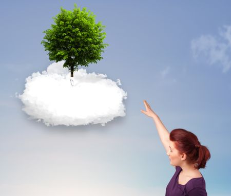Young girl pointing at a green tree on top of a white cloud concept