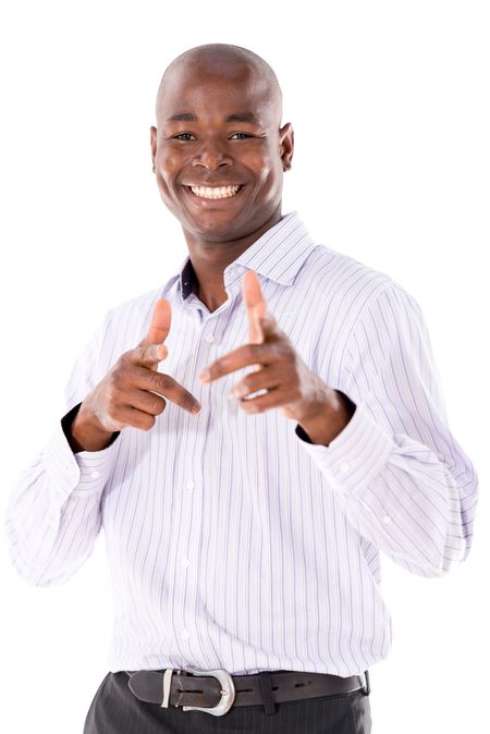 Happy business man pointing to the camera - isolated over white