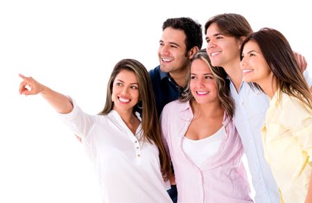 Happy group of friends pointing away - isolated over a white background