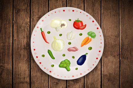 Colorful plate with hand drawn icons, symbols, vegetables and fruits on grungy background