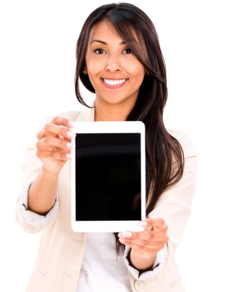 Happy woman with a tablet computer - isolated over a white background 