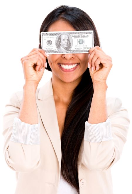 Happy woman holding a dollar bill - isolated over a white background 