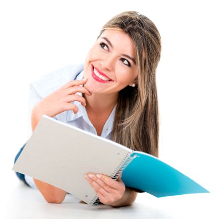 Thoughtful female student smiling - isolated over white background 