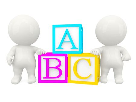 3D people with colorful ABC cubes - isolated over white 