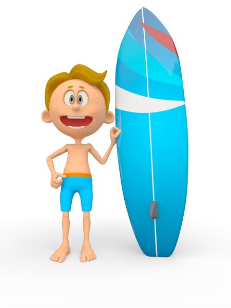 3D surfer with a surfboard - isolated over a white background 