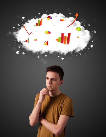 Thoughtful young man with cloud and charts concept