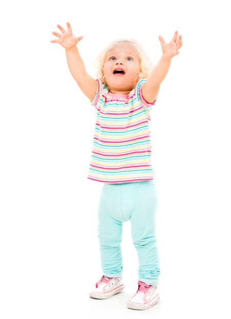 Crying little girl with arms up - isolated over a white background 