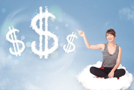 Pretty young woman sitting on cloud next to cloud dollar signs