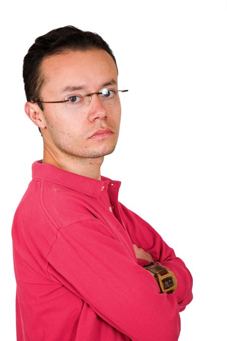 casual guy in red over a white background - with clipping path including transparency of the glasses and high detail on the hair