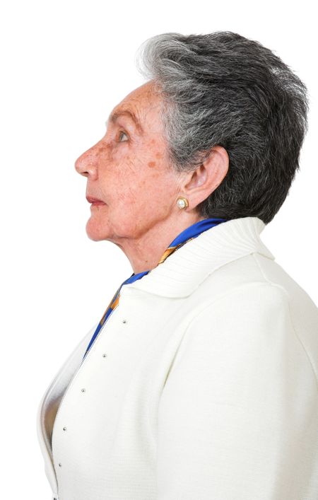 thougthful elderly woman over a white background